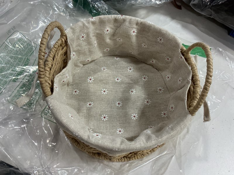 Condition photo showing Good Condition for gib small wicker storage baskets for organizing, round woven baskets with handles & liners, decorative boho paper rope cute baskets for gifts, decor, pantry table, serving trays, set of 2 beige-round