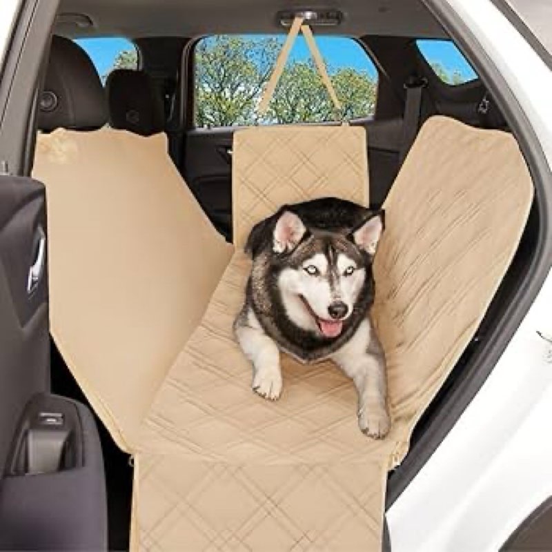 meadowlark xl premium hammock dog car seat cover back seat, pet cover car seat protector, non-slip, dog stuff, anti shock, water repellant, pet car seat cover for dogs w/seat belt & 2 headrest covers 64" l x 60" w with seat belt beige