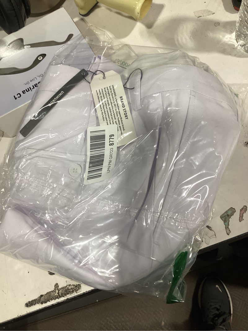 Condition photo showing New/Like New for uninukoo mens dress pants slim fit solid color skinny trousers classic business casual wedding suit pants white 34w x 32l