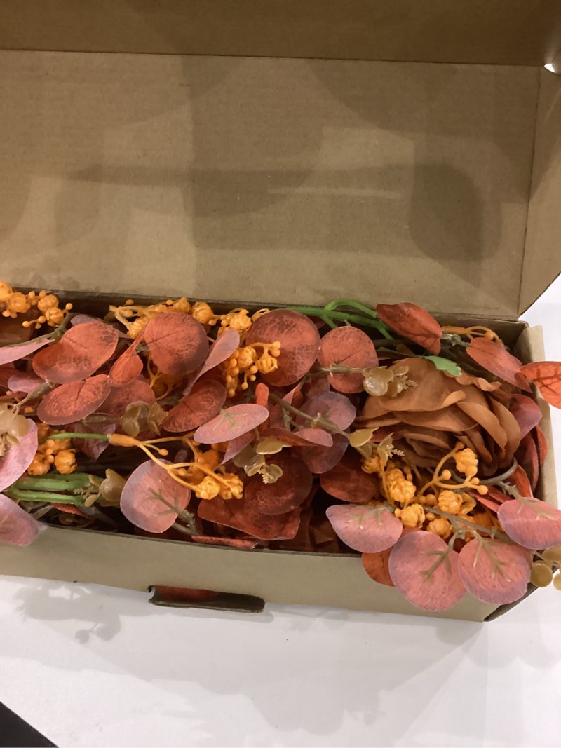 Condition photo showing Good Condition for Anna's Whimsy 5.91FT Artificial Eucalyptus Garland with Flowers, Fall Decor Fake Rose Gypsophila Garland, Fall Flower Faux Floral Garlands for Wedding Home Party Table Runner(Orange, 1) Orange 1PCS