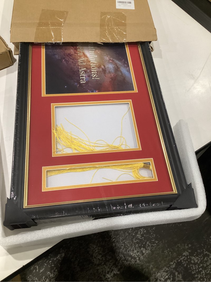 Condition photo showing Good Condition for 11x22 Black Finish Solid Wood Diploma Frame – Holds 8.5x11 Certificate with Tassel and 5x7 Photo Holder, Blue with Gold Mat, Graduation Gift for Him or Her Black + Blue/Gold Mat