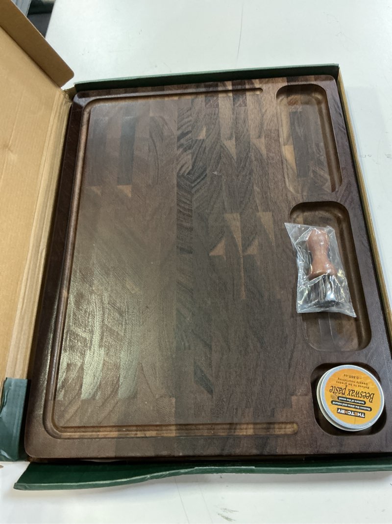 Condition photo showing Good Condition for walnut wood cutting boards for kitchen, large chopping board double sided, end grain cutting board with handle, charcuterie butcher block for meal prep & serving with gift box, 17"×13"×1" walnut 17"l x 13"w