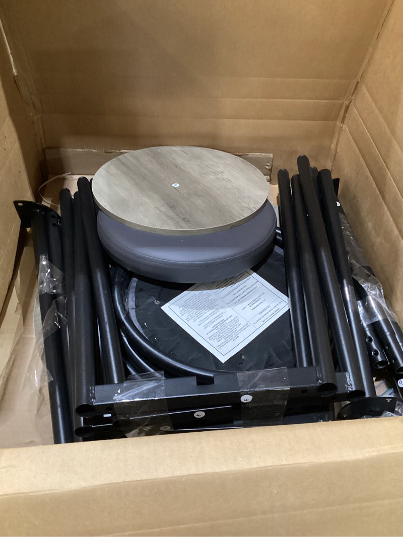 Condition photo showing As Is for 3 Pieces Round Bar Table and Chairs Set, Small Dining Table for 2, Kitchen Bar Table, Breakfast Table with Storage, 2 Thickened Cushion Stools with Backrest for Dining Room & Bistro-Grey Grey Round with Thickened Cushion Stools, USED, MISSING PIECES 