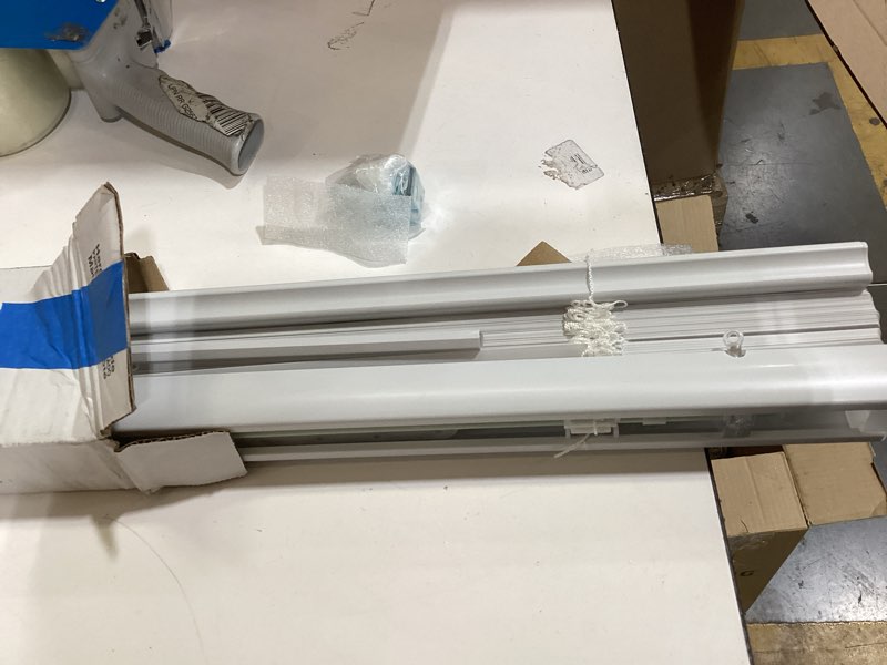 Condition photo showing As Is for project source light filtering 1-in slat width 30-in x 64-in cordless white vinyl light filtering mini-blinds