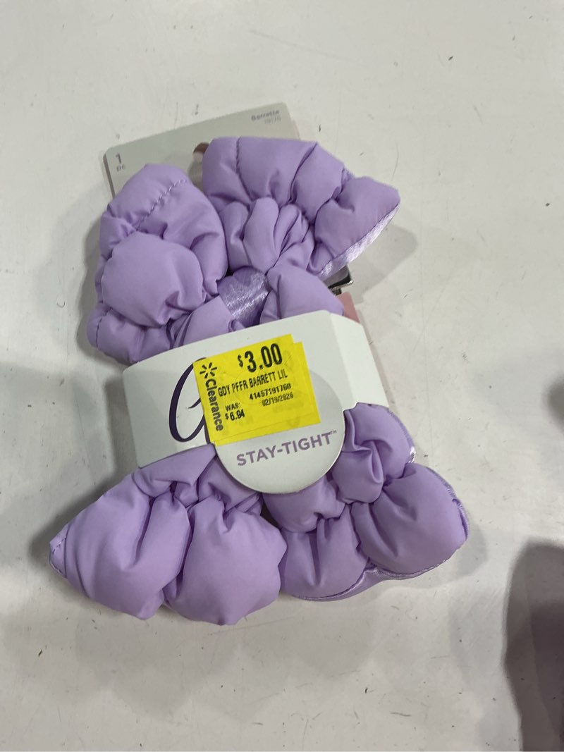 Condition photo showing New/Like New for goody luxe puffer bow barrette, frosty lilac, stay-tight hair clip, 1 count