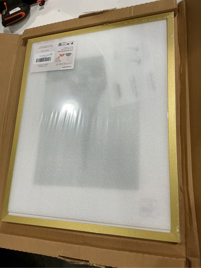 Condition photo showing New/Like New for upsimples 16x20 picture frame, display pictures 11x14 with mat or 16 x 20 without, wall hanging poster frame, gold, 1 pack gold 16x20