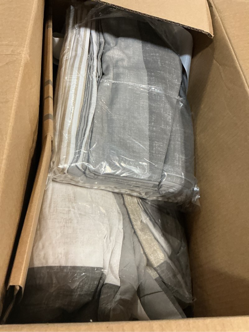 Condition photo showing Good Condition for madison park essentials queen comforter set, bed in a bag comforter & sheet set, modern casual stripes print, all seasons, soft microfiber bedding makeover, matching shams, queen taupe/grey 7 piece taupe/grey queen