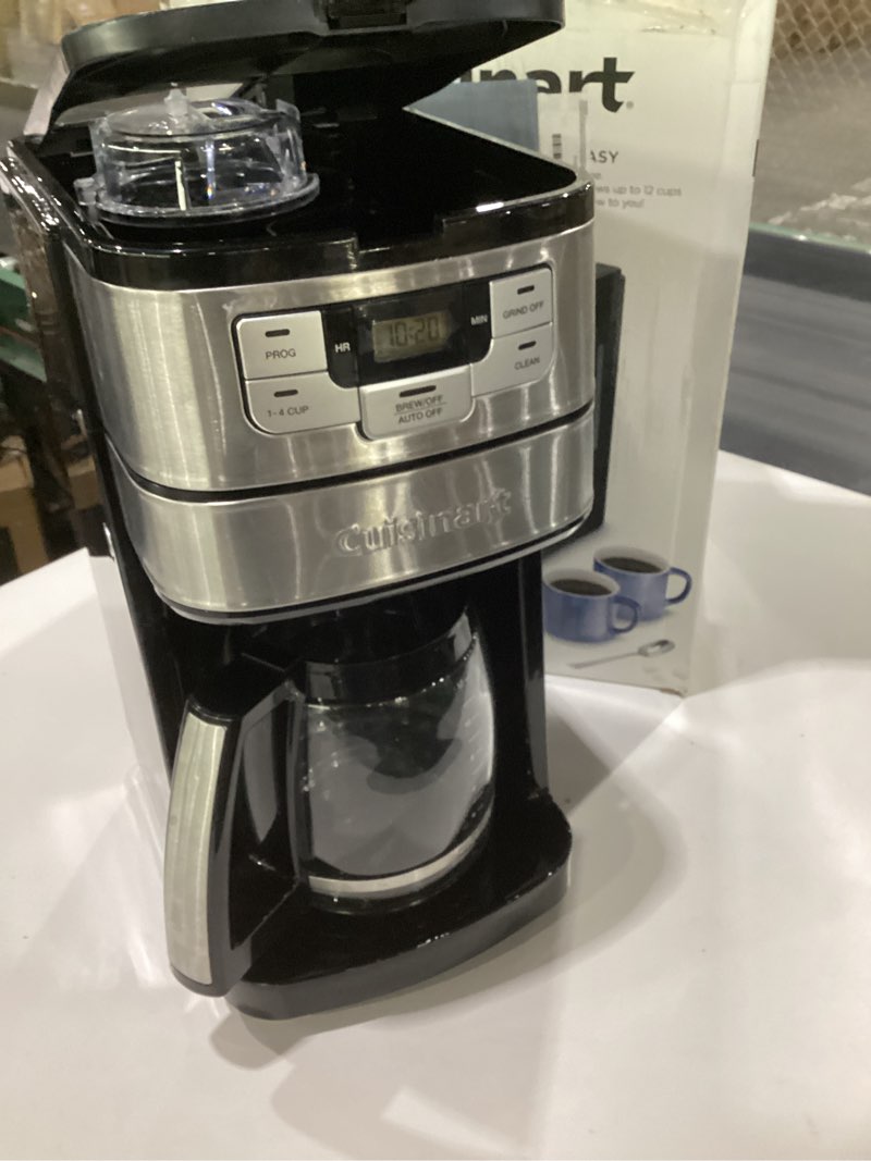 Condition photo showing As Is for cuisinart automatic grind & brew 12-cup coffee maker with blade grinder, programmable coffee machine glass carafe with 1-4 cup setting, brew pause, grind-off option, dgb-400nas, black/stainless steel 12-cup glass automatic grind & brew black/stainless, not tested