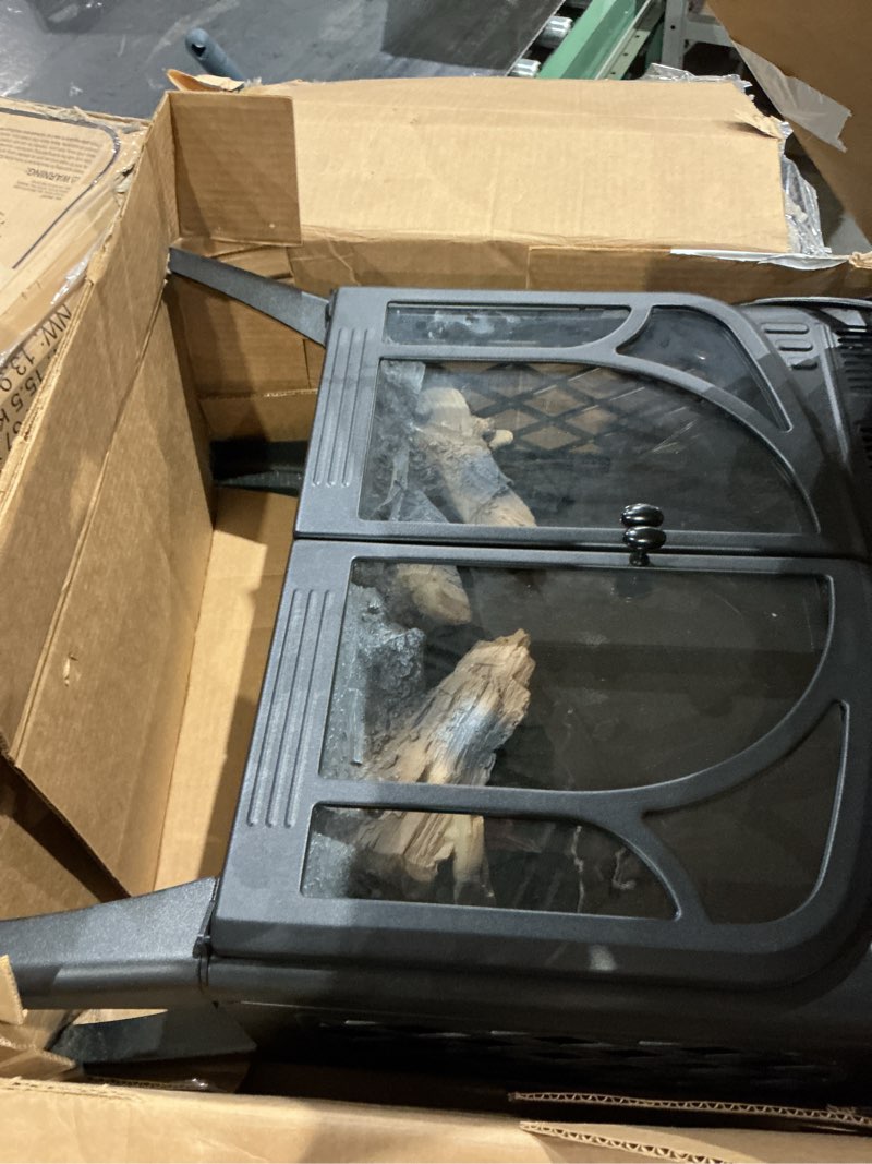 Condition photo showing As Is for electactic 24inch electric fireplace stove , free-standing infrared fireplace stove, controllable 3d flame, 4 variable flame&log colors, 1500w, 5100btu, black (s230b-black), 23.5"l x 10.7"w x 24.3"h
