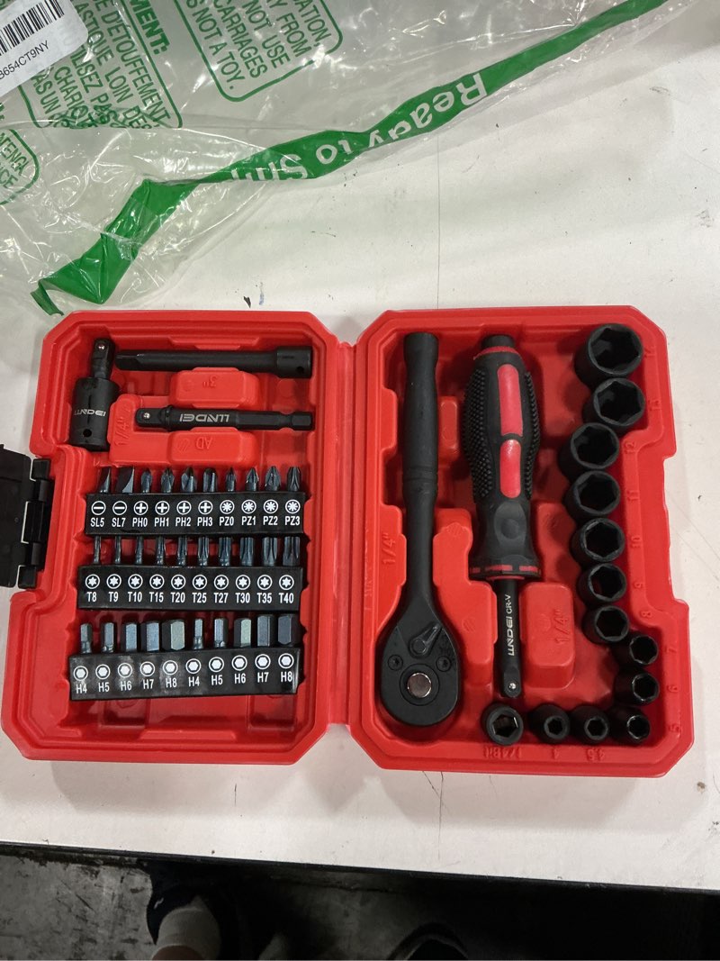 Condition photo showing New/Like New for llndei 48 piece 1/4 inch mini socket ratchet wrench set, metric shallow socket (4-14mm) 6-point,with 72 teeth mini ratcheting wrench, screwdriver bit set, universal joints and 3 inch extensions 48pcs