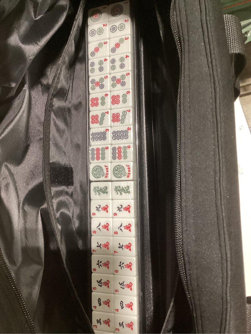 Condition photo showing New/Like New for american mahjong game set, 166 premium white tiles, 4 all-in-one color rack/pushers, classic complete mahjong tile set with black carrying bag