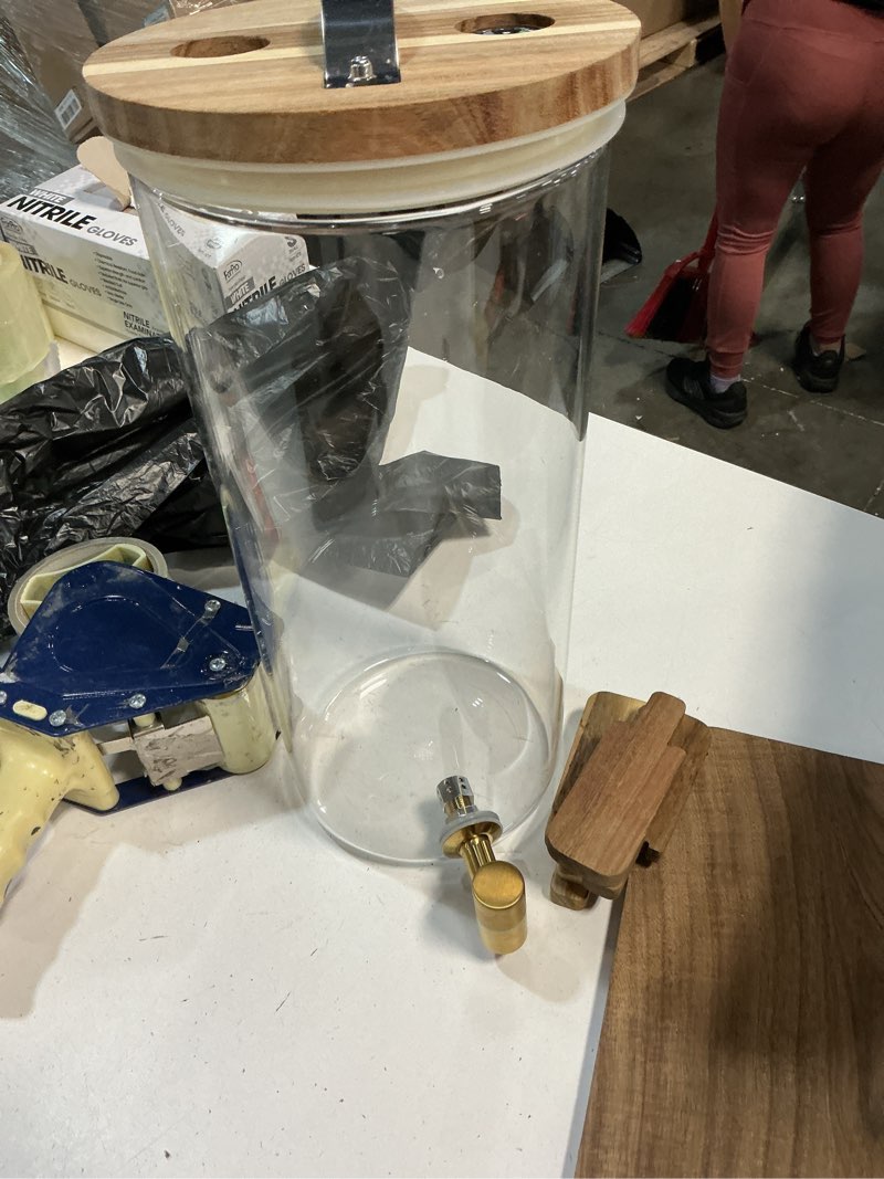 Condition photo showing As Is for 1 pack 1 gallon glass beverage dispenser with wooden stand, drink dispenser with stainless steel leak-proof spigot, juice & lemonade dispenser for iced tea, parties, weddings