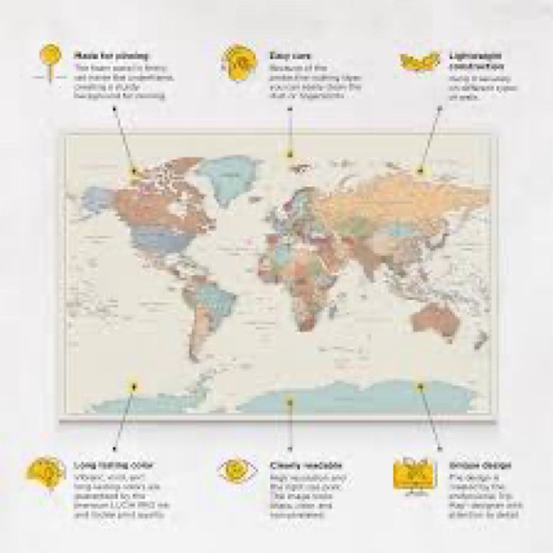 IPIC - Canvas World Maps for Wall Decor, Push Pin Board Decor to Mark Travels, Oversize World Travel