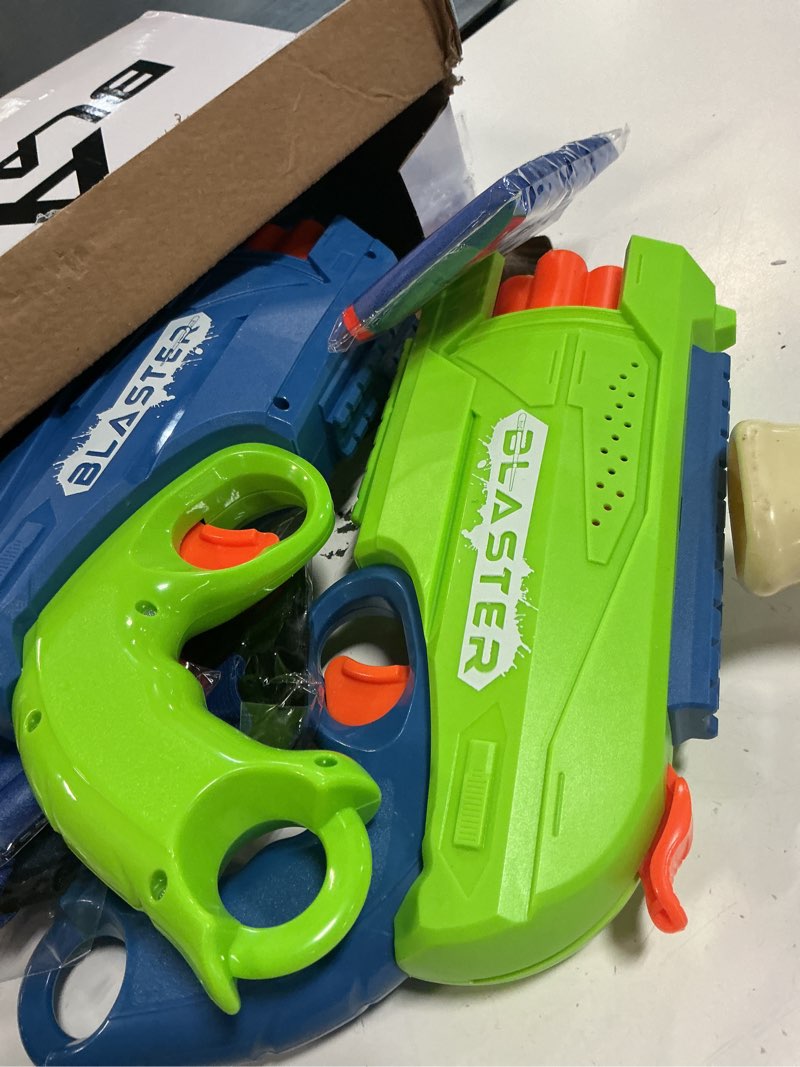 Condition photo showing As Is for 2 pack toy foam blaster, boys toy blaster 6 dart rotating drum, with 80 soft bullets, children's indoor outdoor foam dart blaster shooting game, toy party birthday (green and light blue)