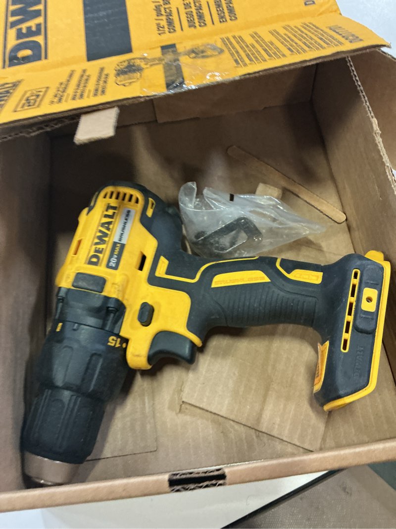 Condition photo showing As Is for dewalt 20v max cordless drill driver set, electric drill, brushless 1/2 in 2 speed, 2.0 ah battery and charger included, led light (dcd777d1)