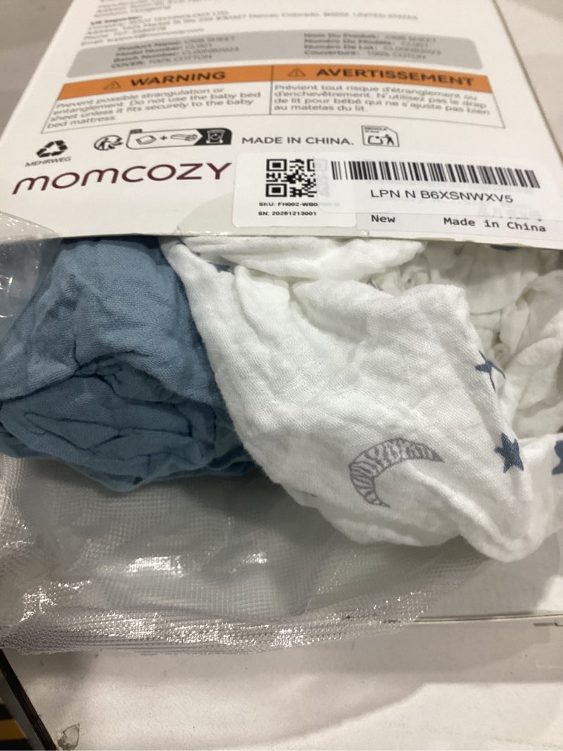 Condition photo showing Good Condition for Momcozy Muslin Mini Crib Sheets Fitted - 38''x26'' Pack and Play Sheets for Pack N Play Mattress, 2 Pack Soft & Breathable Natural Cotton Non Slip Bed Cover for Boys, Girls, Blue Star Moon