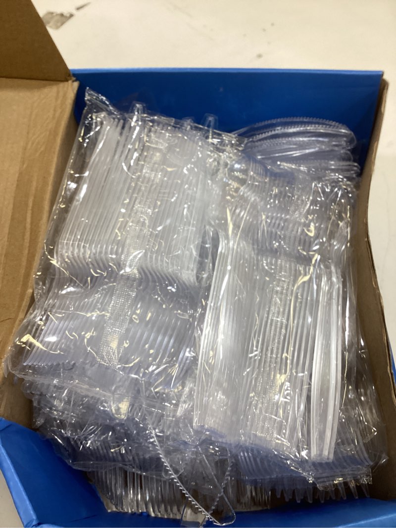 Condition photo showing As Is for dealusy 360 count extra heavy duty clear plastic silverware, 150 forks, 150 spoons, 60 knives, bpa-free, heat resistant, disposable plastic utensils set, plastic cutlery set, plasticware bulk