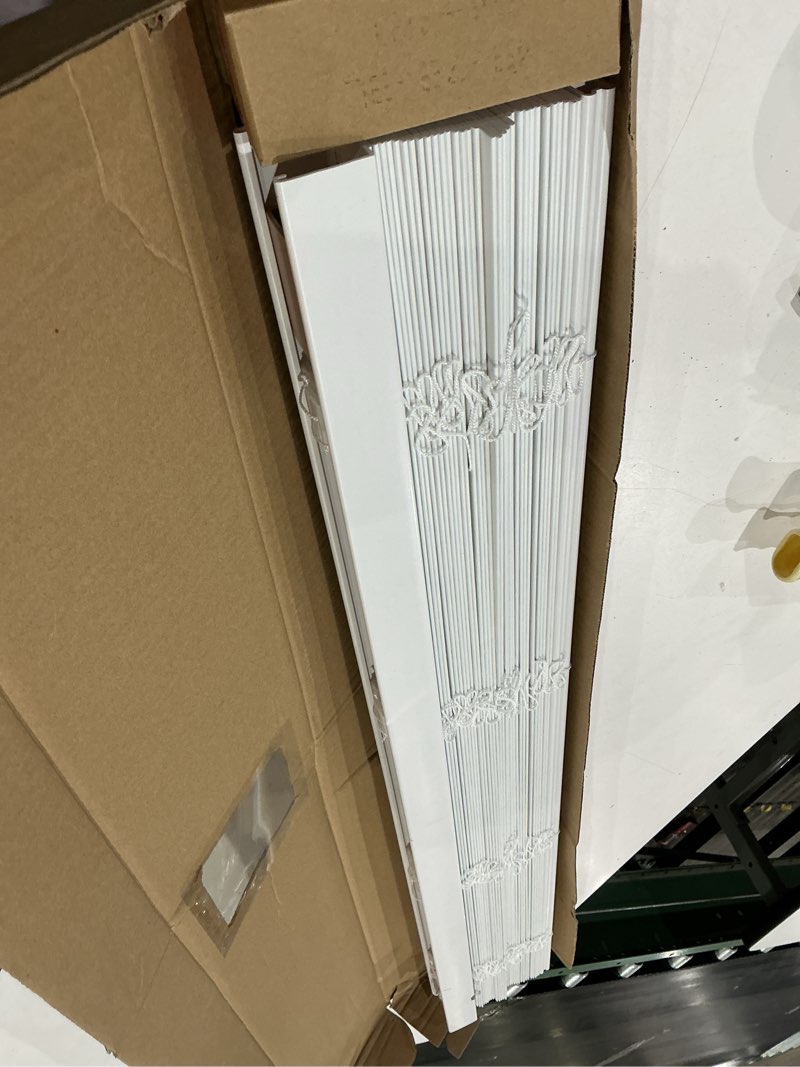 Condition photo showing As Is for allen + roth trim at home 2-in slat width 47-in x 64-in cordless white faux wood room darkening horizontal blinds