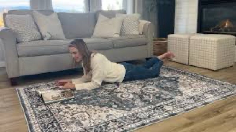 AMADA HOMEFURNISHING 6x9 Area Rugs, Blue Low-Profile Washable Rug with Non-Slip Backing & Durable Ed