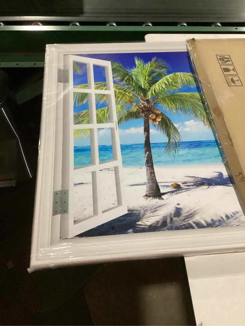 Condition photo showing New/Like New for Ocean Wall Art Beach Picture for Living Room White Window Frame Style Palm Tree Art Print on Canvas Large Blue Sea View Painting Artwork for Bedroom Home Office Decoration, Ready to Hang(32"×48") Large Beach Palm Tree Wall Art 48"L x 32"W