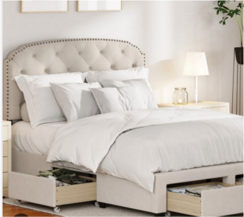 (Incomplete only Drawer)DG Casa Argo Tufted Upholstered Panel Bed Frame with Storage Drawers and Nailhead Trim Headboard, Queen Size in Charcoal Linen Style Fabric color Beige (box 3 of 3)