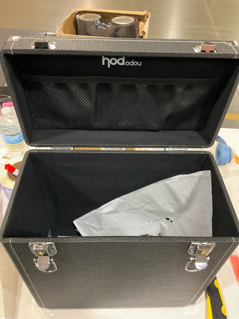 Condition photo showing Good Condition for Hododou Vinyl Record Storage Box with Lock Record Organizer Storage for 30+ Single Records 12-inch Water Resistant Collapsible Storage Crate with Lid Handle Mesh Pouch for Valuable Album Collection Black