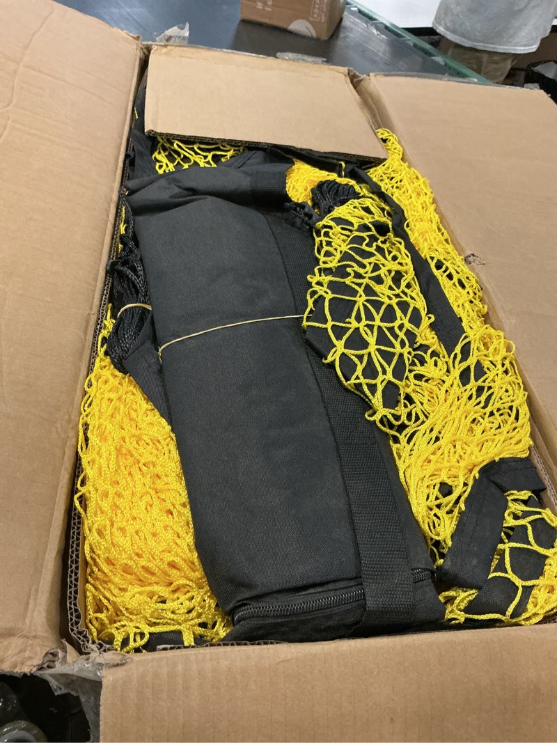 Condition photo showing As Is for apex sports portable 22ft x 12ft x 8ft baseball & softball batting cage with pitching machine hole, 3ply 1.25'' yellow netting, secure steel poles, 12.7mm fibreglass poles, carry bag included baseball batting cage