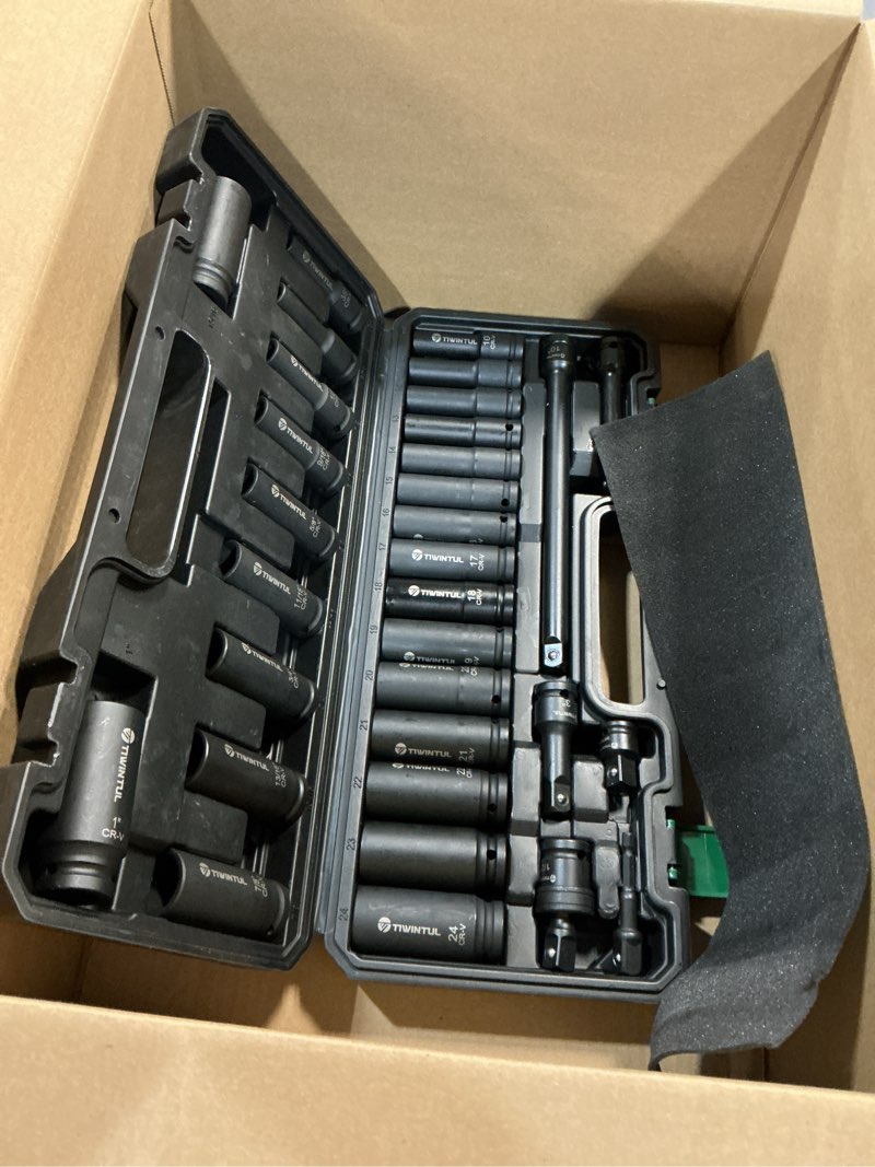 Condition photo showing Good Condition for 3/4 Inch Drive Impact Socket Set, 15 Pieces Heavy Duty 6-Point CR-MO Steel Impact Sockets, Metric Sizes 17-55 mm, Impact Socket Set for Auto, Truck and Large Machinery Maintenance
