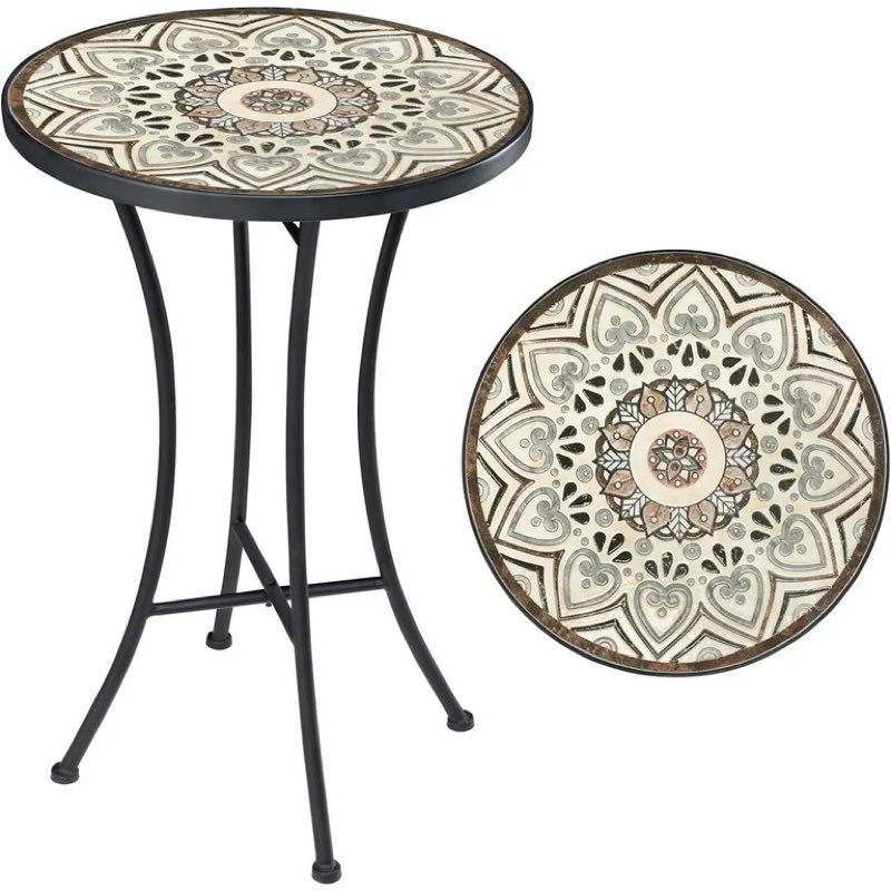 Vipush Mosaic Outdoor Side Table, 14" Round Folding Plant Stand for Patio Garden Backyard Balcony Po