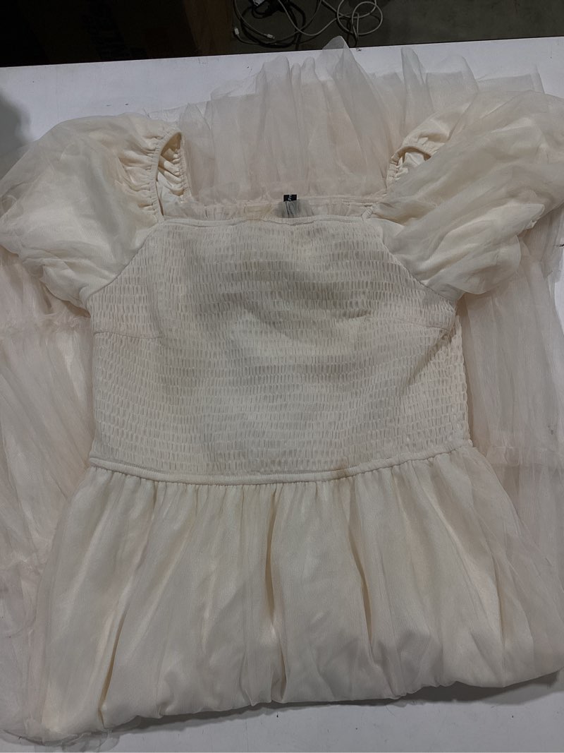 Condition photo showing As Is for prettygarden women's smocked midi tulle dress 2026 summer puffy short sleeve square neck ruffle wedding guest party dresses beige medium