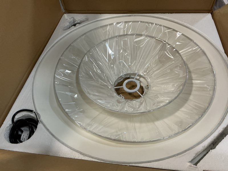 Condition photo showing Good Condition for 24” large off white linen fabric pendant light 3-layer modern chandelier adjustable industrial pendant lighting fixtures for kitchen island dining room entryway, ul listed