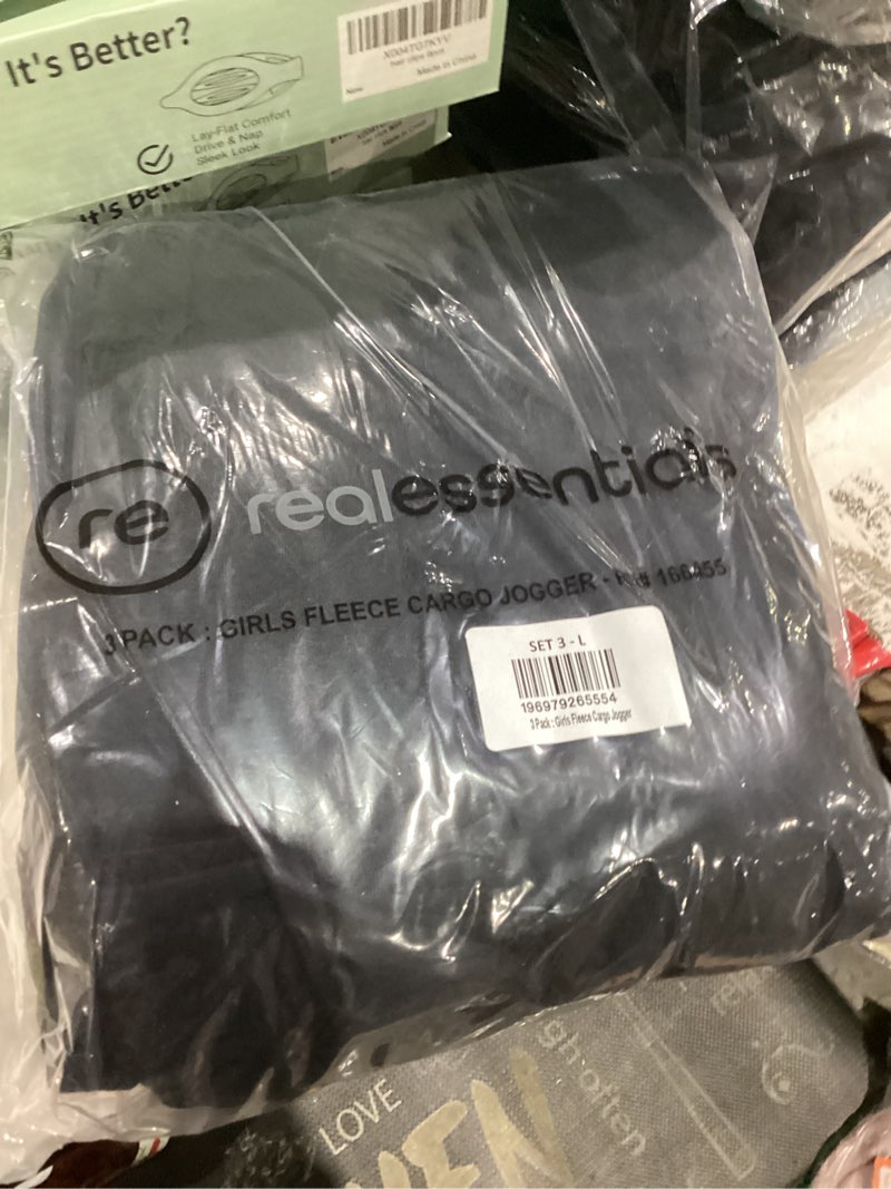 Condition photo showing New/Like New for Real Essentials 3 Pack: Girls' Fleece Cargo Joggers Athletic Sweatpants - Casual Pants with Pockets (Ages 6-16) Large Set 3