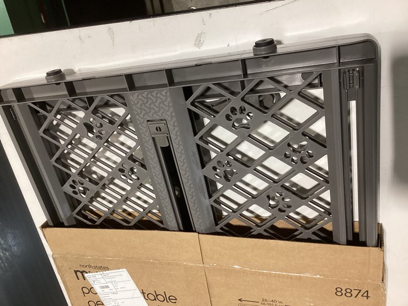 Condition photo showing Good Condition for mypet north states paws portable pet gate: 26-40" wide. pressure mount. no tools needed. made in usa, 23" tall, expandable, durable dog gates for doorways, fieldstone gray