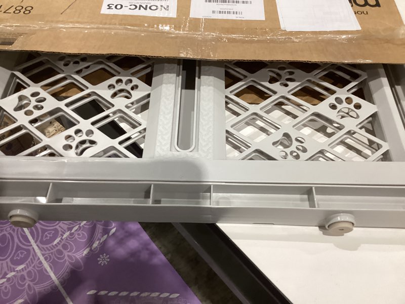 Condition photo showing As Is for mypet north states paws portable pet gate: 26-40" wide. pressure mount. no tools needed. made in usa. dog gate 23" tall, expandable, durable dog gates for doorways, light gray