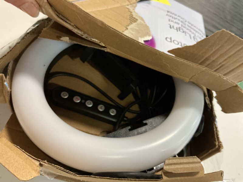 Condition photo showing As Is for onn led rgb ring light with tripod stand, adjustable height, phone holder & bluetooth remote for selfies, tiktok, youtube, zoom, and makeup