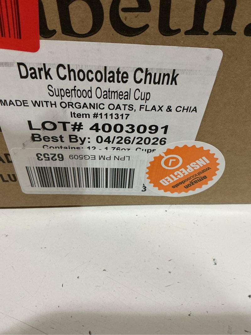 Condition photo showing Good Condition for bbd: 04/2026- purely elizabeth superfood oatmeal cup with prebiotic fiber, dark chocolate chunk, vegan friendly, organic, gluten free & non-gmo, 1.76 ounce (pack of 12) dark chocolate chunk cup 1.76 ounce (pack of 12)