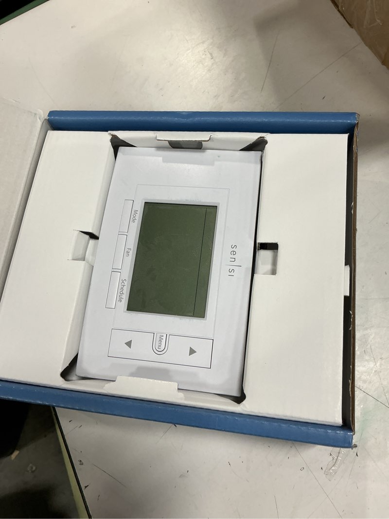 Condition photo showing As Is for sensi smart thermostat, 100 years of expertise, wi-fi, data privacy, programmable, easy diy install, works with alexa, energy star certified, mobile app, st55 diy thermostat