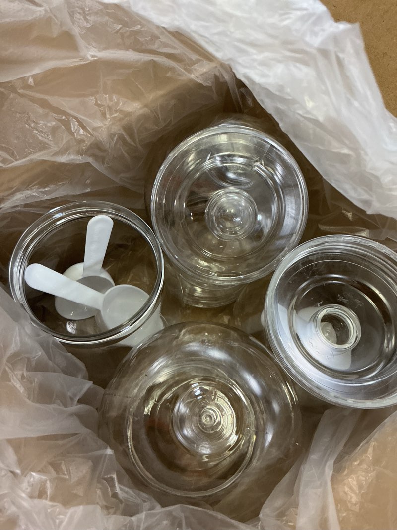 Condition photo showing New/Like New for mwellewm 4 pcs candy jars with lids&spoons 16 oz clear candy dispenser plastic cookie jars snack container airtight storage organization buffet canister for wedding home kitchen bar office decoration clear 4 pcs 16oz