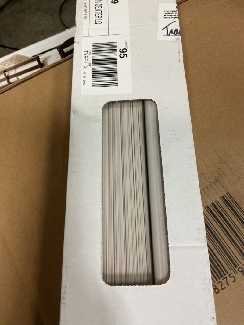 Condition photo showing As Is for mainstays 1" cordless vinyl light filtering blinds, 1-piece, white, 36" w x 64" l