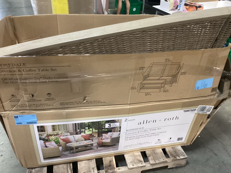 Condition photo showing As Is for loveseat & coffee table set off-white cushion-dry® olefin cushions tan multi-step finish steel frame