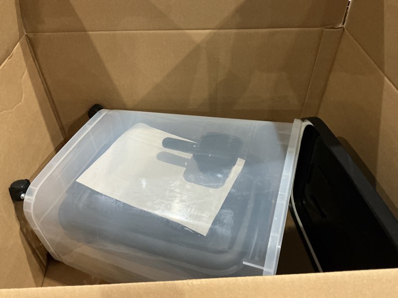 Condition photo showing As Is for amazon basics pet food storage container set, 30lbs and 10lbs with scoop, for dogs and cats