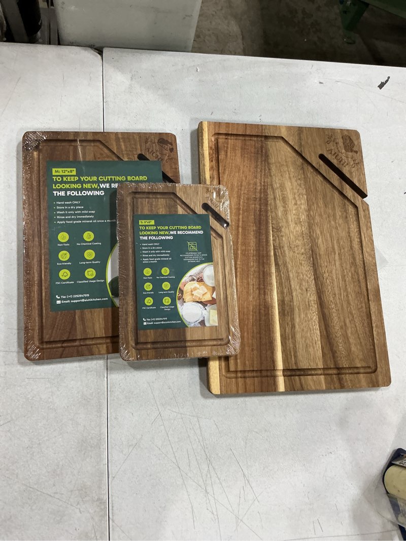 Condition photo showing Good Condition for aiuhi premium wooden cutting boards for kitchen, 3-piece acacia wooden chopping board with juice groove, organic wood cutting board set for ideal charcuterie, meat & vegetables