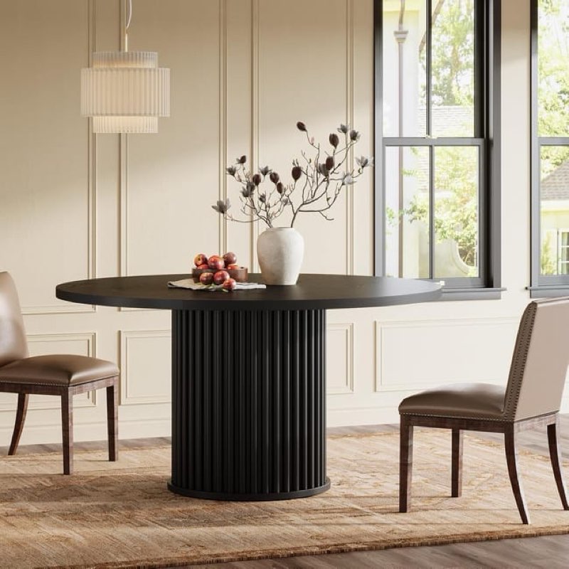 tribesigns round dining table with wood top and metal base, seats 4, modern black