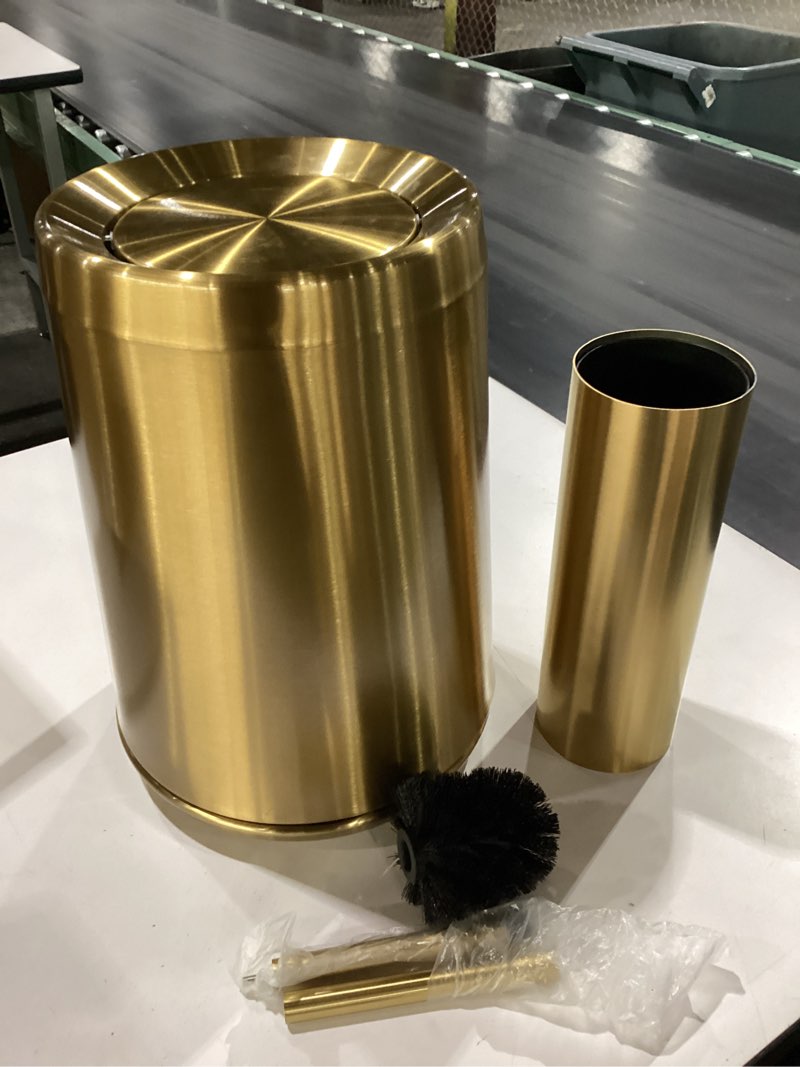 Condition photo showing New/Like New for maxdot 2 pcs gold bathroom trash can with flipping lid 2.6 gallon/10 l and toilet brush set, small brushed stainless steel garbage trash can and toilet brush with holder for bathroom bedroom office