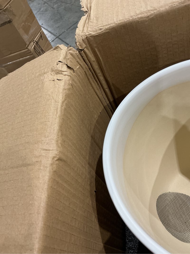 Condition photo showing As Is for incomplete 10 inch ceramic planter pot - large plant pot with drainage hole and saucer, modern round flower pots for indoor outdoor plants, garden planter, white 10 inch matte white