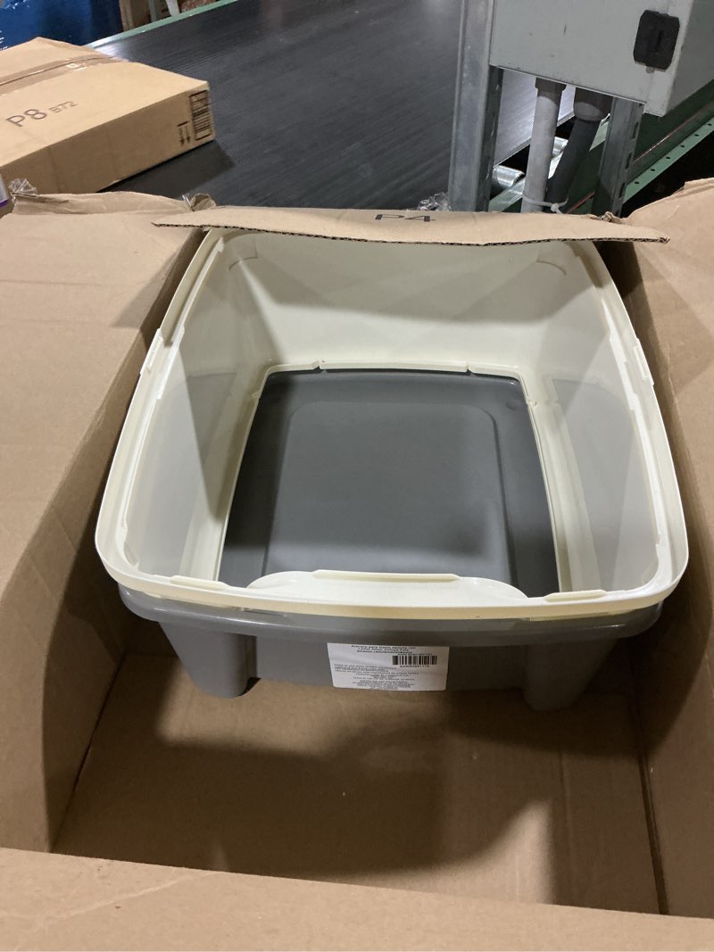 Condition photo showing As Is for amazon basics large cat litter box with high sides, open top for easy access, includes scoop with storage, 19" x 15" x 11.75", grey/beige grey/beige open top