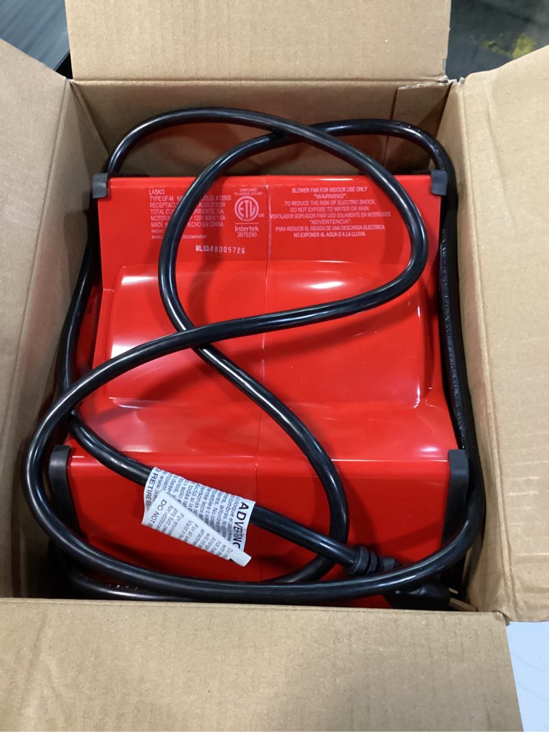 Condition photo showing As Is for lasko x-blower 11" high velocity utility blower fan with usb ports and built-in outlet for cooling and drying, red, x12900