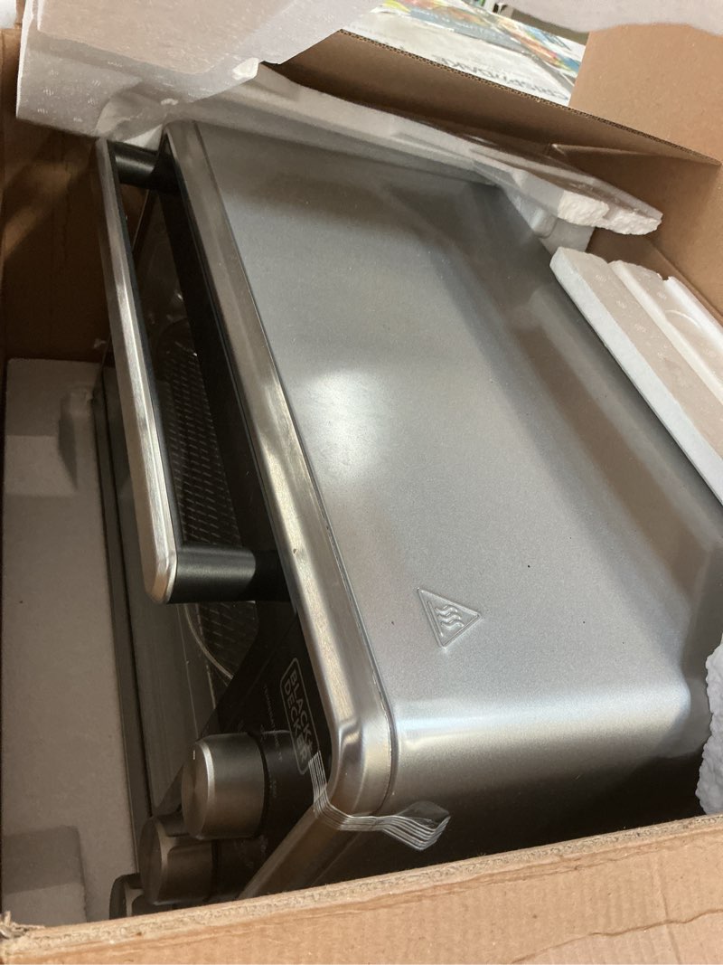 Condition photo showing As Is for black + decker crisp  n bake pro 6-slice air fryer toaster oven with basket  pan  rack & tray  stainless steel
