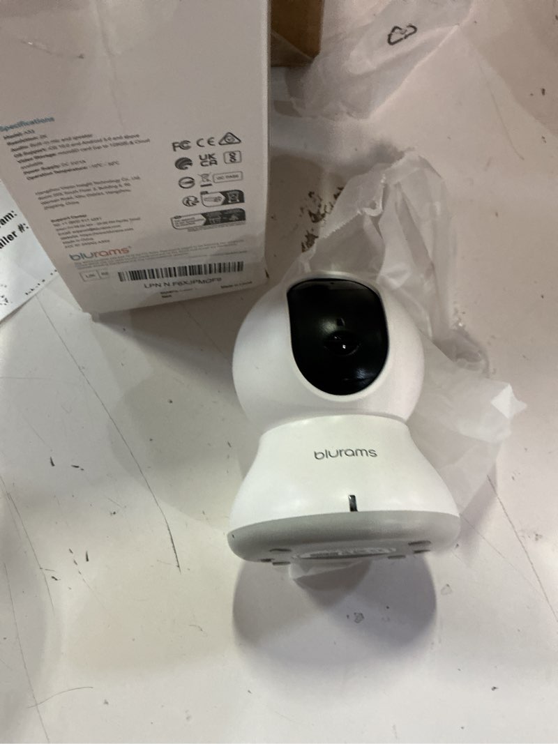 Condition photo showing As Is for blurams indoor security camera, 5ghz/2.4ghz dual-band, 2k pzt pet camera with phone app, 360° cameras for home security, 2-way audio, motion tracking, night vision, siren, cloud&sd classic cam 1pack