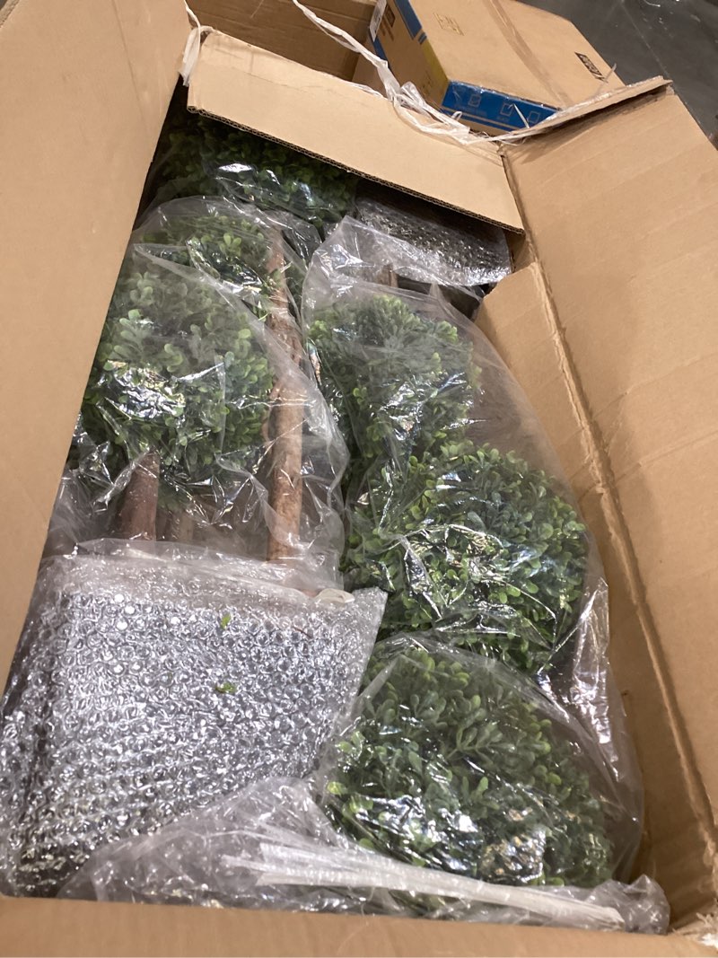 Condition photo showing Good Condition for artificial topiaries ball tree outdoor, 3ft fake topiary triple ball boxwood trees(2 pieces), faux shrubs plants potted green decorative indoor porch or garden?35inch? dark green 35 inch